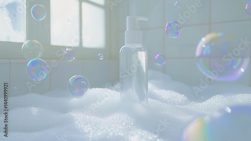 A bottle of clear liquid surrounded by bath foam and soap bubbles