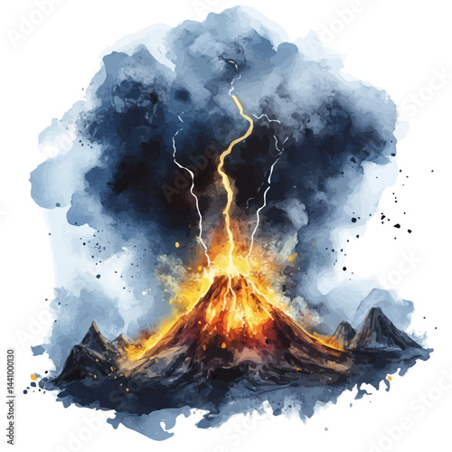 Volcanic Lightning Storm During An Eruption, vector watercolor illustration, isolated on a white background.