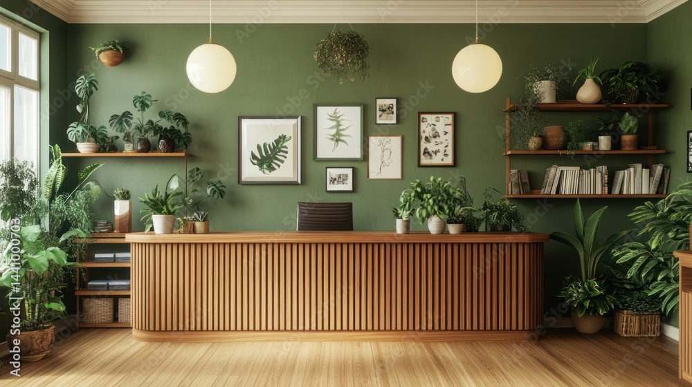 Fototapeta premium Green room reception desk, plants, shelves, interior design