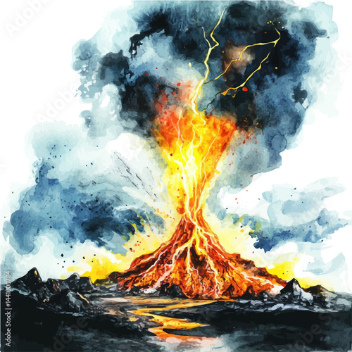 illustration of Volcanic Lightning Storm During An Eruption, watercolor vector, isolated on a white background.