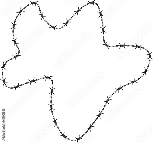 Organic artistic shape enclosed by a continuous barbed wire path.