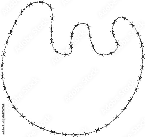 Barbed wire forming a dynamic trident-like shape with continuous curves.