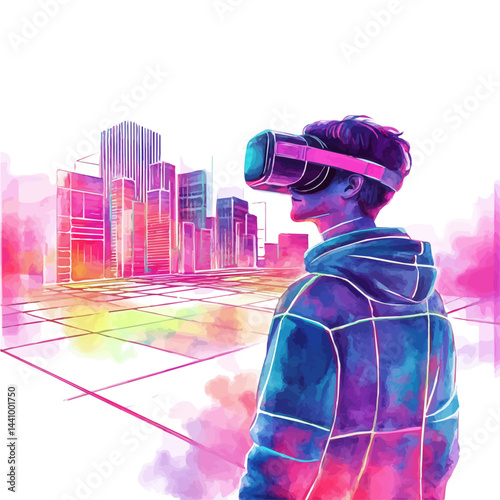 Virtual Reality Landscape With Vibrant Neon Lights, watercolor illustration, isolated on a white background.