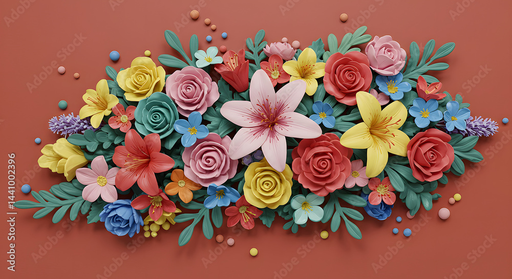 Obraz premium Colorful Paper Flowers Arrangement Roses, Lilies, and Blossoms on Red Background - Floral Art