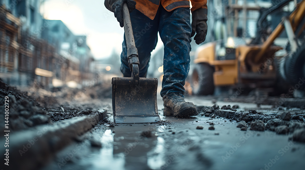 Construction Worker Using Shovel on Wet Ground Construction Worker Using Shovel on Wet Ground