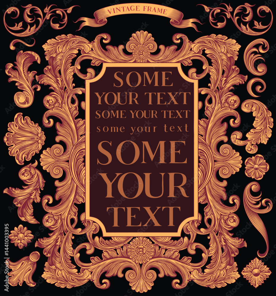Ornate frame and decorative design elements. Design set. Editable hand drawn illustration. Vector vintage engraving. Isolated on black background. 8 EPS