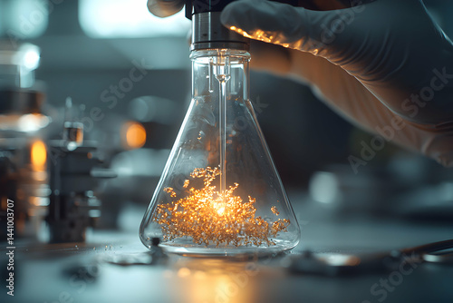 A glowing golden substance within a flask. Suggests scientific research or experimental processes. Possibly related to nanotechnology or material science.