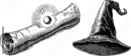 Engraved magic scroll and wizard hat illustration for fantasy and halloween design