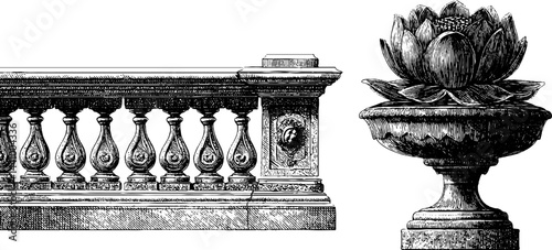 Intricate engraved design of ornate railings and lotus pedestal for architectural detail