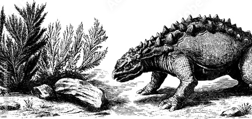 Engraved ankylosaurus and rock illustration with prehistoric plants for educational design