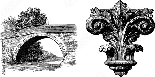 Engraved illustration of arched bridge and architectural ornament design for historical art projects