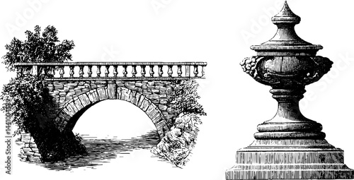 Engraved illustrations of arched bridge and ornate rooftop detail for architectural design