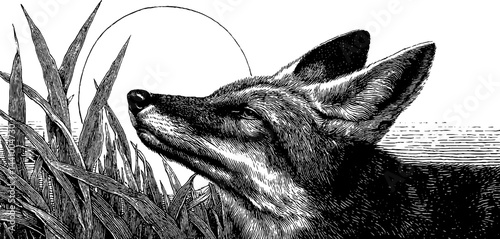 Engraved illustration of maned wolf in natural habitat with tall grass