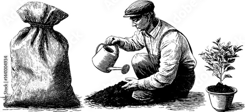 Engraved vintage illustration of grandfather planting seeds in the garden. Watering can, rustic sketch of nature and agriculture.