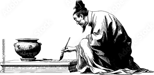 Engraved illustration of chinese scholar in traditional attire with ink pot