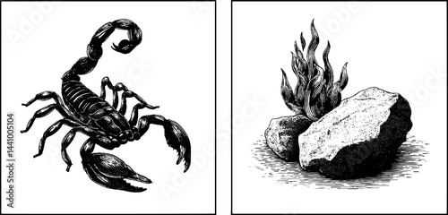 Vintage engraved illustration set of scorpion and flames for tattoo art and design