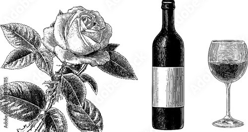 Engraved rose wine bottle and glass illustration. Vintage flower set with botanical detailed art 