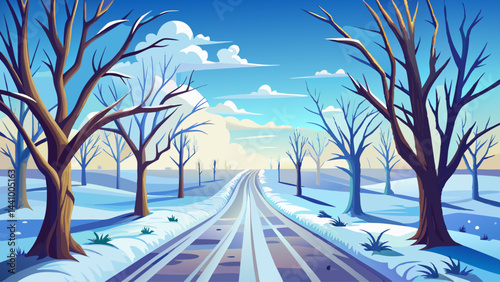 The rural path cuts through fields of frozen white.
Skeleton trees stand solemnly along the road.
Above, a cloudless blue sky stretches endlessly.
A peaceful hush blankets the winter landscape.

