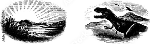 Engraved prehistoric dawn and dinosaur scene for design and educational use
