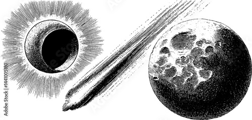 Vintage celestial illustrations of lunar eclipse comet and moon phases