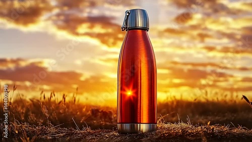 Reusable Water Bottle with Sunset Backdrop for Outdoor Hydration Concept