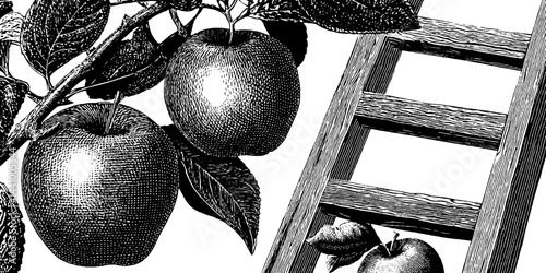 Vintage engraving of apple picker and orchard scene