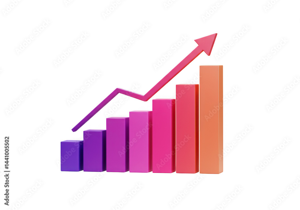 Colorful bar graph with upward trending arrow isolated on transparent background