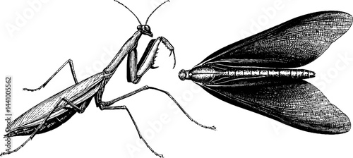 Detailed engraved illustration of bark mantis and wing texture design for art prints