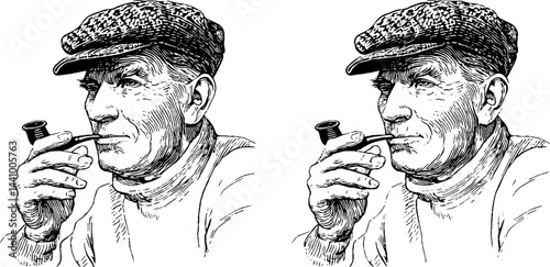Engraved illustration of thoughtful grandpa smoking pipe in vintage style