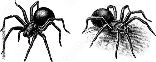 Detailed engraved illustration of brazilian wandering spiders for print design