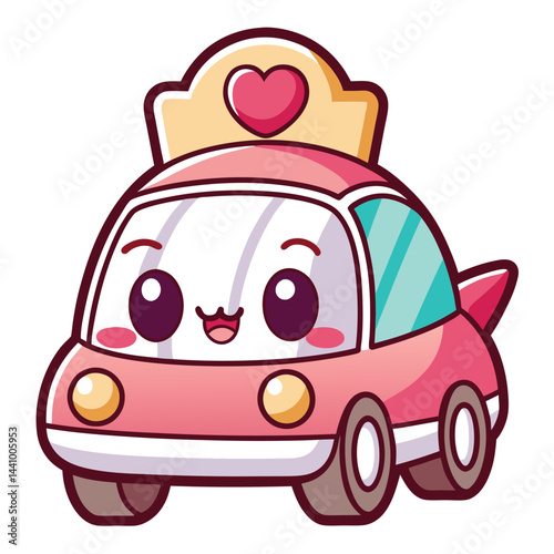 Cute, cartoonish, pink car with a heart-shaped cap