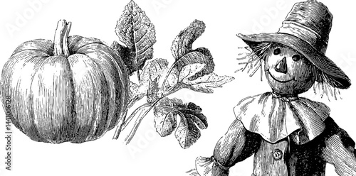 Engraved illustration of pumpkin patch with scarecrow for harvest design
