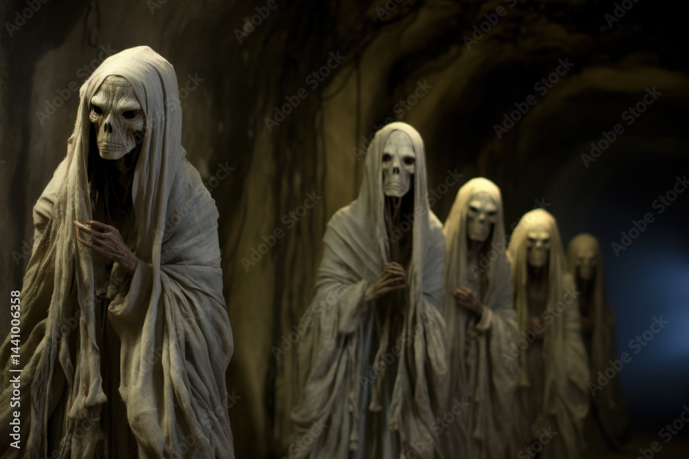 Naklejka premium Hooded and veiled skeletal figures standing in catacomb. Eerie atmosphere of death and mystery.