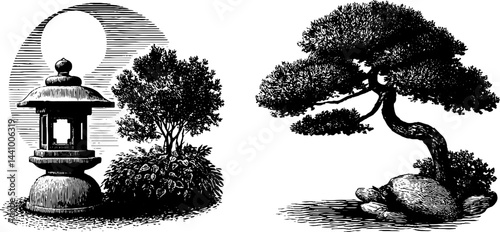Engraved illustration set featuring moonlit window and serene bonsai garden elements