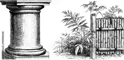 Classic carved red column and bamboo fence with engraved botanical details for historical design