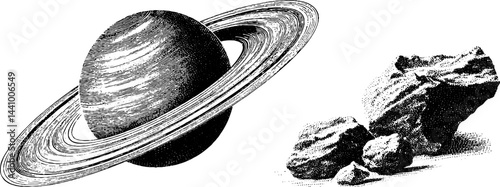 Engraved illustration set featuring planetary rings and cosmic rock formation