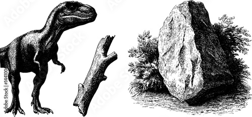 Engraved illustration set of camouflaged dinosaurs with natural elements