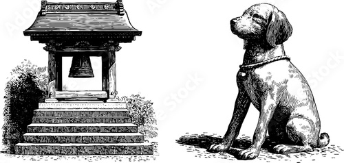 Engraved illustration set of shrine and dog statue for cultural design