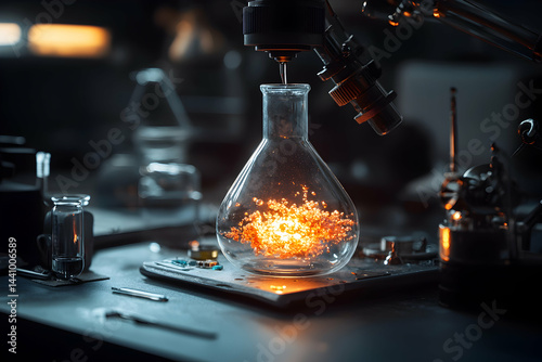 A lab scene with a glowing substance inside a flask. The image evokes a sense of scientific discovery and experimentation. Could be used for scientific articles.
