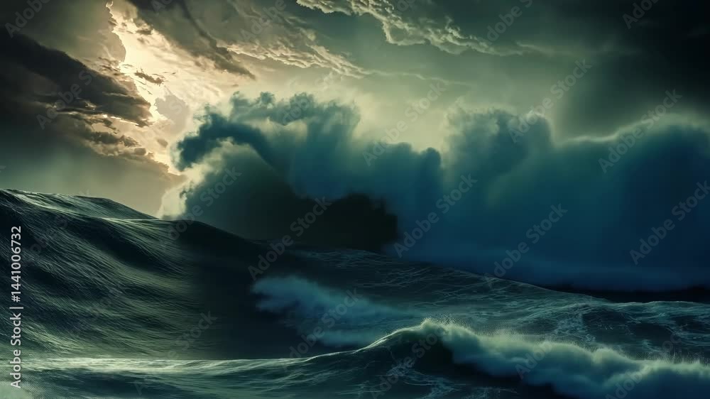 Majestic ocean waves crash under dramatic sky as storm intensifies at sunset