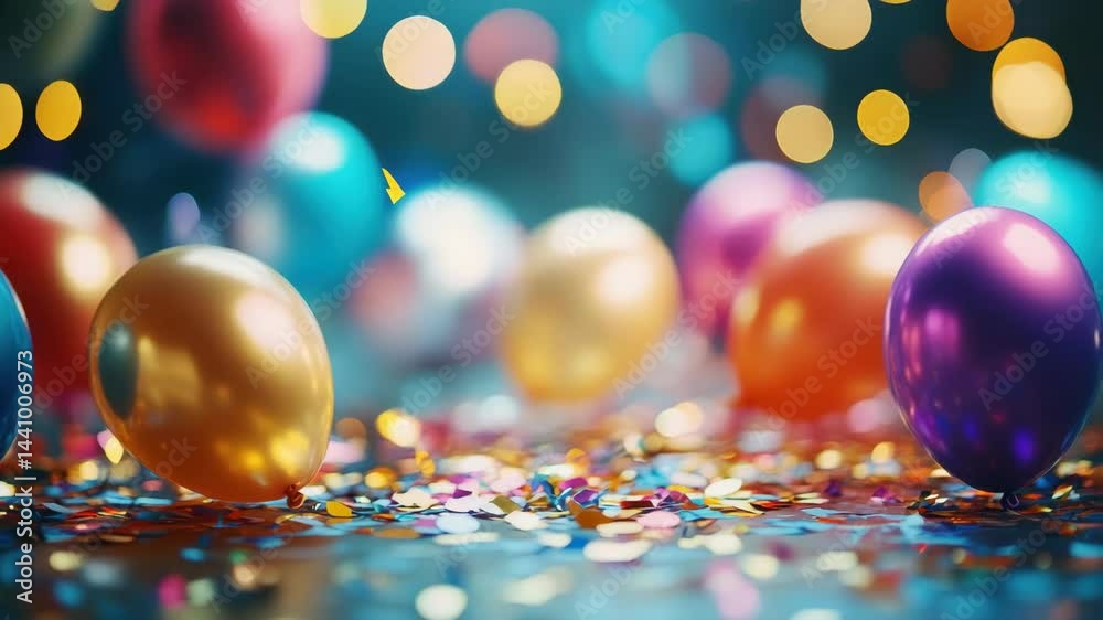 Colorful balloons and confetti on a festive background  