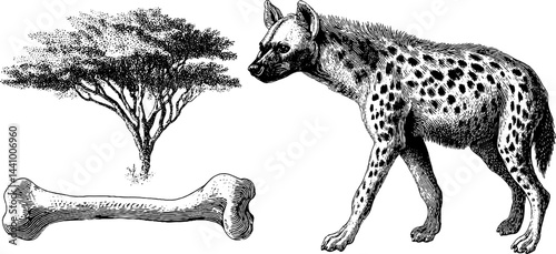 Engraved hyena with bones and acacia tree illustration set for wildlife design