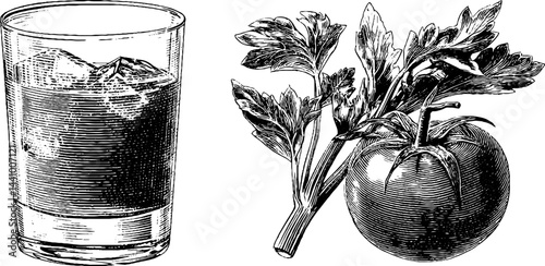 Vintage engraved illustration of bloody mary cocktail with celery and tomato elements for design