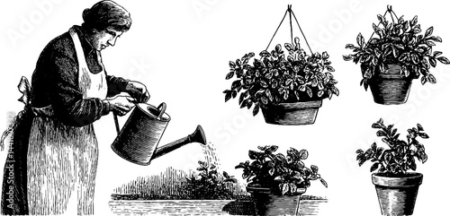 Vintage gardening with grandma: watering plants and nurturing nature