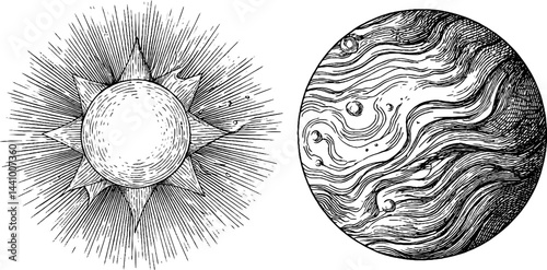 Intricate engraved illustrations of neutron star and celestial body for scientific exploration