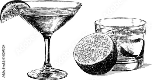 Elegant cocktail illustrations featuring cosmopolitan and lime for beverage design