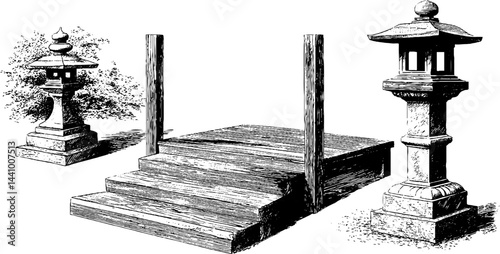 Engraved illustration of traditional japanese shrines and lanterns for print design