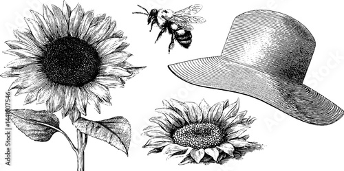 Vintage engraving of sunflowers and bee with classic hat design for rustic decor
