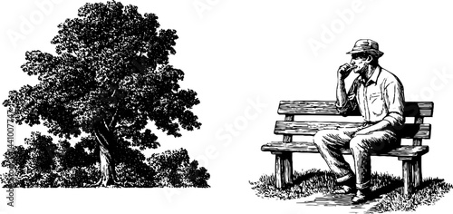 Grandpa playing harmonica and tree scene - engraved illustration set for design