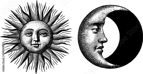 Engraved sun and moon illustration set depicting celestial eclipse